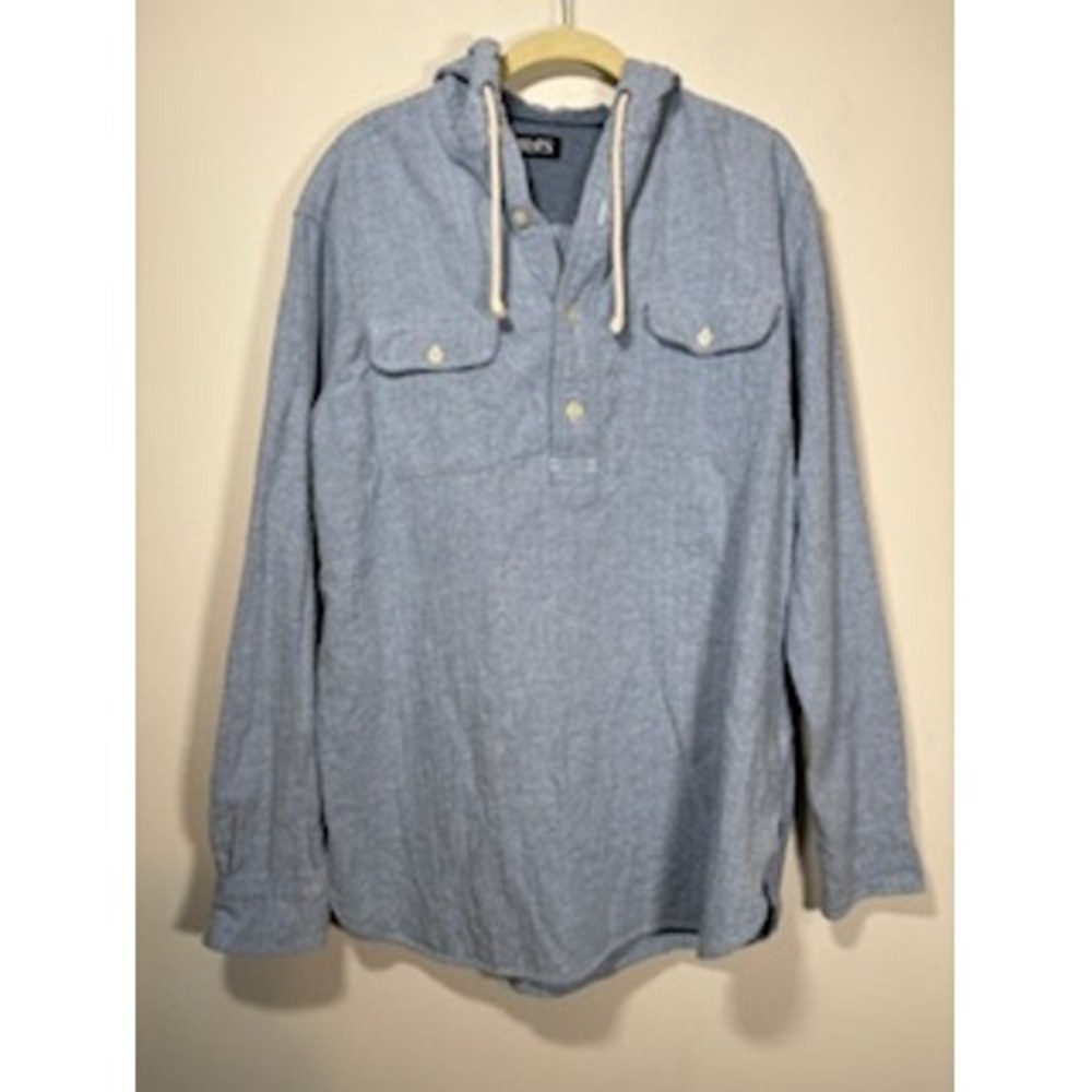 CHAPS Hooded Henley Shirt Large Blue Long Sleeve Cotton Pullover Coastal Casual